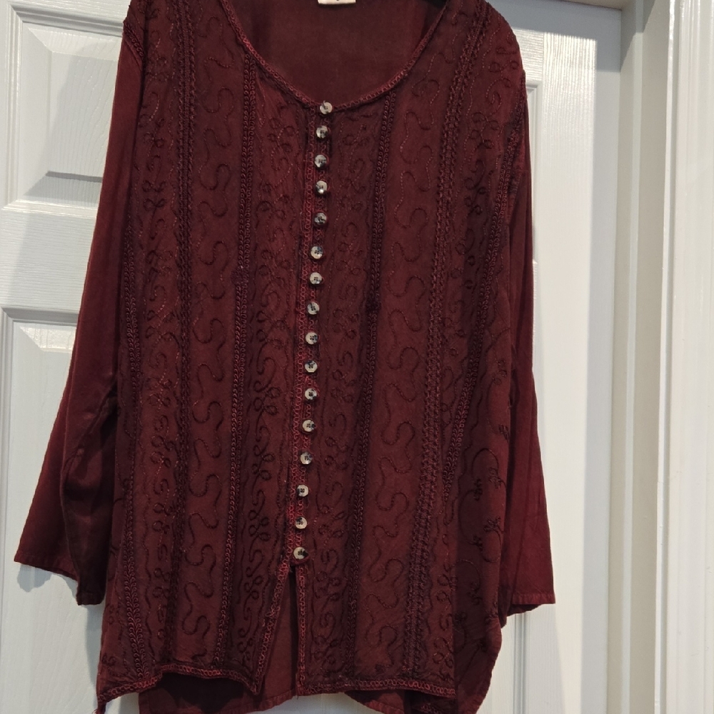 Embroidered Burgundy Button-Down Women's Top, 2x?